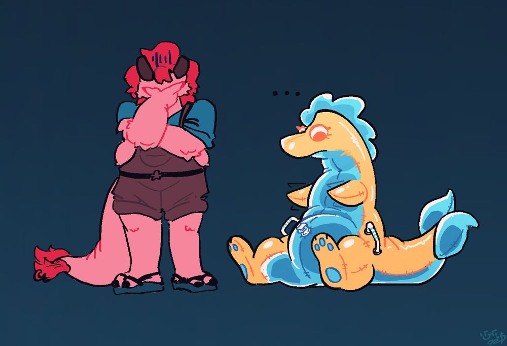 Coral stands next to a dragon pooltoy, visibly disappointed with her face buried in her hands. The pooltoy, presumably Shadeau, sits next to Coral, staring at her arms as she uselessly flaps them back and forth.