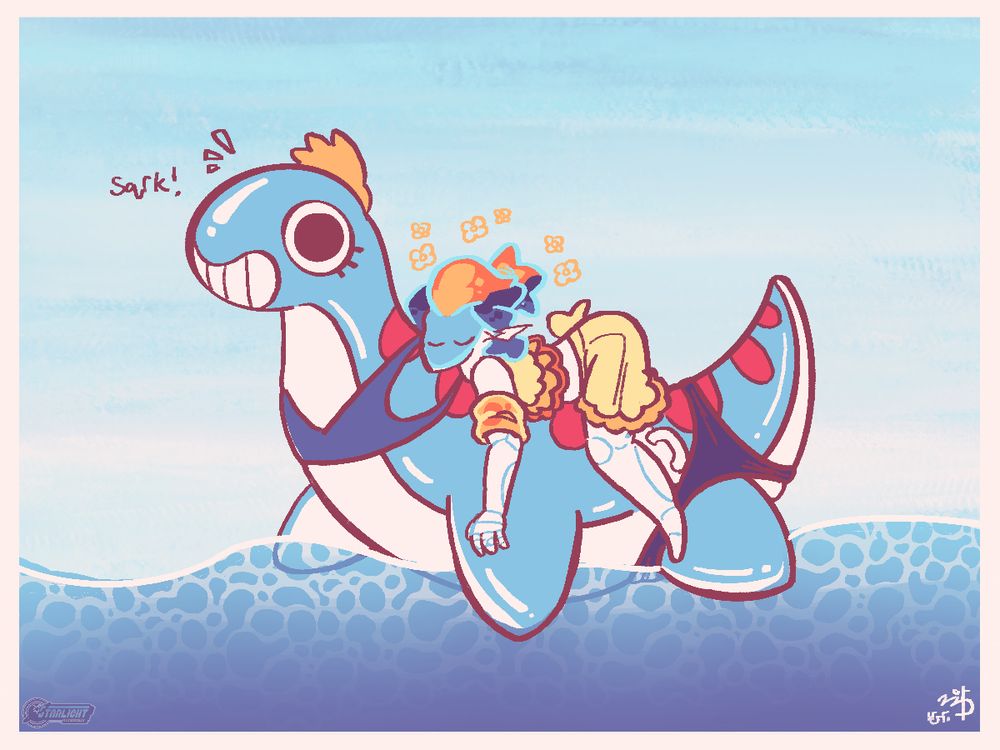 A drawing of Millie floating on water, with Shadeau laying on top of her. Millie looks slightly flustered by the situation, unlike Shadeau who seems relaxed and enjoying herself.