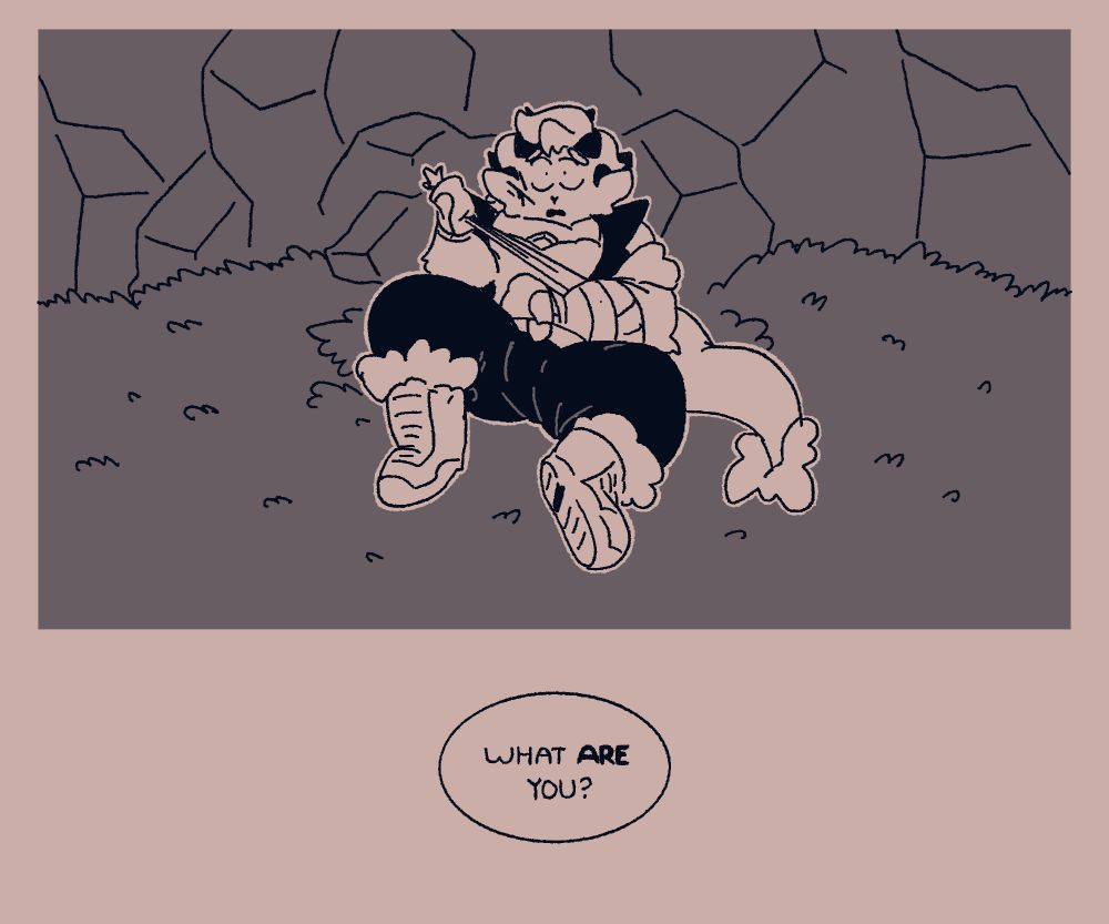 Coral (oc) is revealed to be the source of the voice; She's laying against a small cliff behind Shadeau, bandaging her arm up. Blood from a small cut trickles down her face; it's implied the two were in a battle with someone else before she was hurt. She continues, "What ARE you?" with a horrified expression.