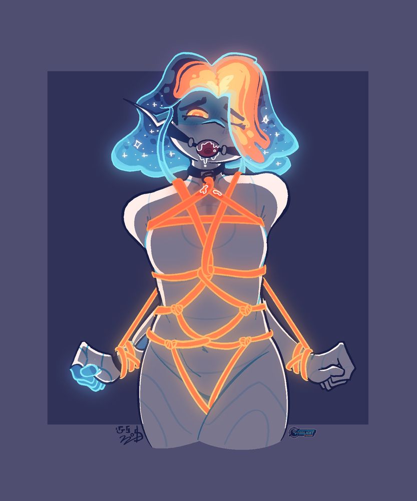 A drawing of Shadeau tied up by glowing ropes. Saliva leaks from the gag stuffed into her mouth and drips onto her chest. She stares at the viewer, an expectant and pleasured look across her face.