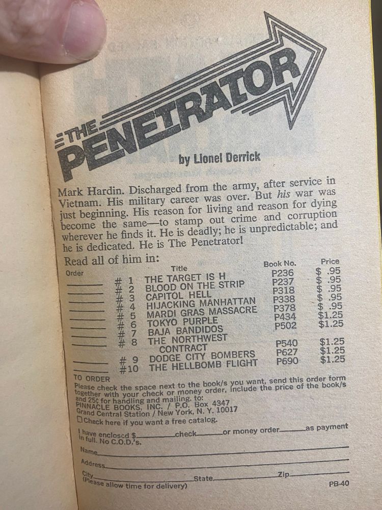 Text with a list of books in the Penetrator series. 