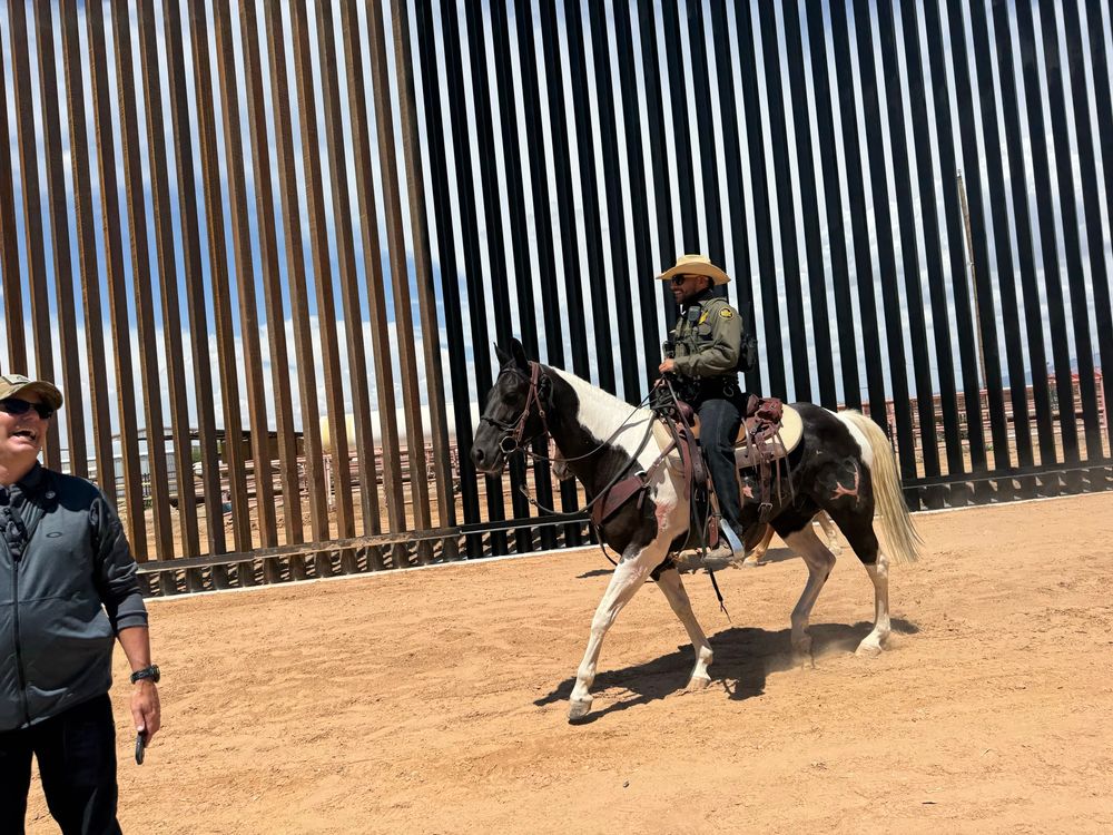 Border Patrol agent on horseback in front of the steel bollard wall. You can make out a stockyard on the other side between the slats. 
