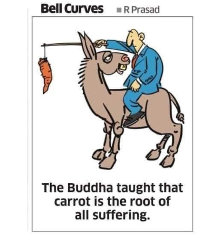 picture of a horse with a man riding it and the horse is smiling back at the man instead of looking ahead, where the man is dangling a carrot from a stick. Caption: "The Buddha taught that carrot is the root of all suffering.'