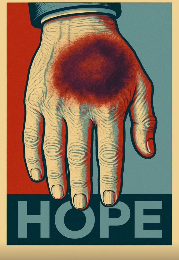 A poster in the style of the Obama Hope posters, same colours and graphic design, instead of Obama's face it is Trump's bruised hand. Hope that he passes from the vein/heart disease is what is implied.