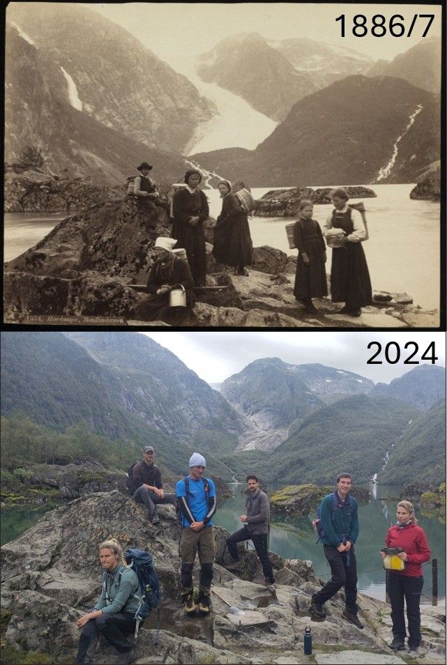 A comparison image showing glacier retreat at an outlet of the Folgefonna ice cap in Norway between 1886 and 2024. 