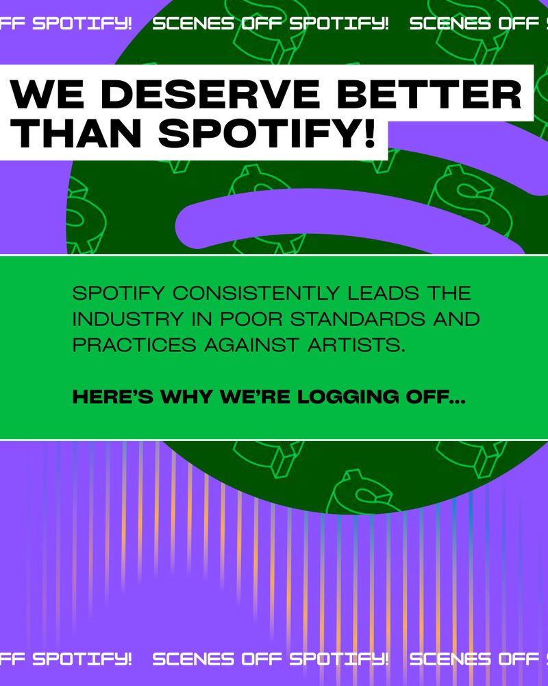 Infographic from "Scenes Off Spotify." In this post, we discuss reasons for leaving Spotify, including poor industry standards, low pay, AI content and slop being prioritized, military defense investment by CEO Daniel Ek, ICE ads being continuously broadcast on Spotify, etc.