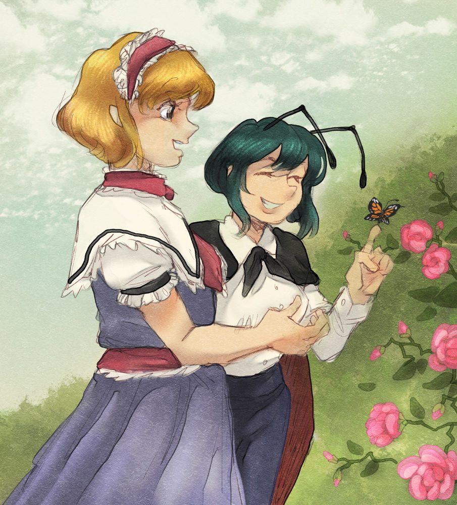 alice margatroid and wriggle nightbug enjoying some flowers