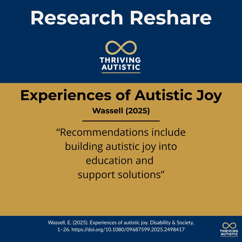 Dark blue and gold background
with Thriving Autistic logo. Text
reads: rage 4 hua page tue
Research Reshare THRIVING
AUTISTIC Experiences of Autistic
Joy Wassell (2025) "Recommend-
ations include building autistic joy
into education and support
solutions"