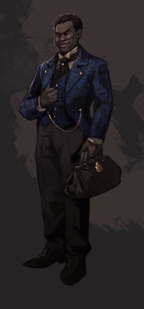 A drawing of a tall Black Man in Victorian era clothing. He is holding a doctor bag