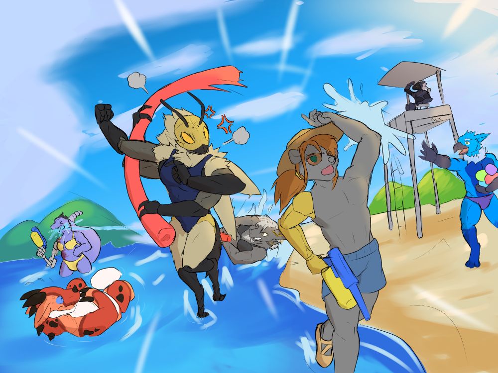 Five people are having a water fight on the beach on a bright, sunny day. Pasquale, an otter with a prosthetic arm, wearing a sun hat and holding a water gun narrowly blocks a water balloon with his arm while running from the person behind him. Riven, a wasp, is chasing him with a pool noodle with seemingly unnecessarily aggressive intent. A kobold floats nearby in the water, startled by the commotion. In the background, one person is shooting a different kobold with a water gun, the water of which hits them in the mouth. A gryphon, Donovan, threw the water balloon aimed at Pasquale from earlier to the side.
In the back, a drone, Limpid Amber, watches from atop a lifeguard tower to ensure that everyone is playing safely.