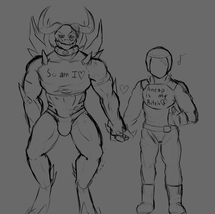 A masculine looking quasimorph, which resembles an incredibly spiky demon of sorts, stands facing the viewer looking disgruntled while holding hands with a helmeted man in military clothing. The man's helmet obscures his face, and he's giving the viewer a thumbs up with the other hand. The man's chestplate reads "Ancap is my Bitch", and the quasimorph is wearing a torn-up crop top which reads "So am I". Its only other clothing is a thong.
