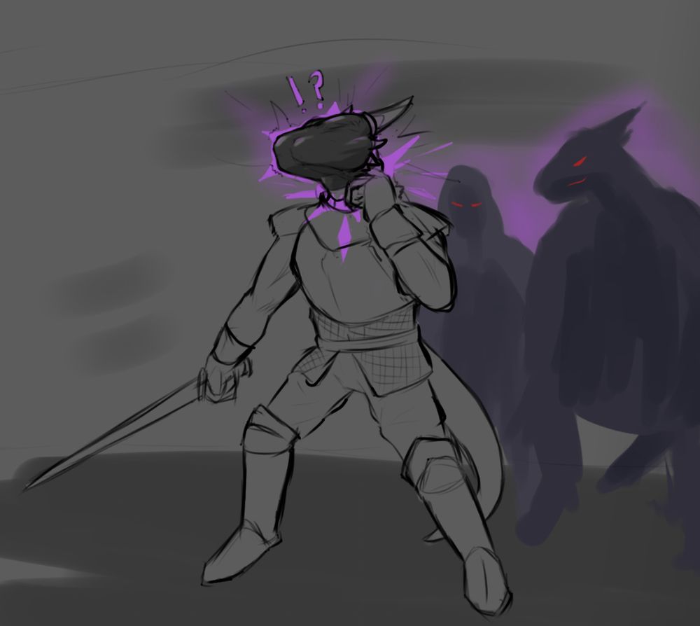 An adventurer who has been double cursed with the "Curse of Submission" pulls futilely at a smooth, rubbery hood that has formed over his entire head, the "Hood of Submission". One can only guess what the effects of this cursed item might be.