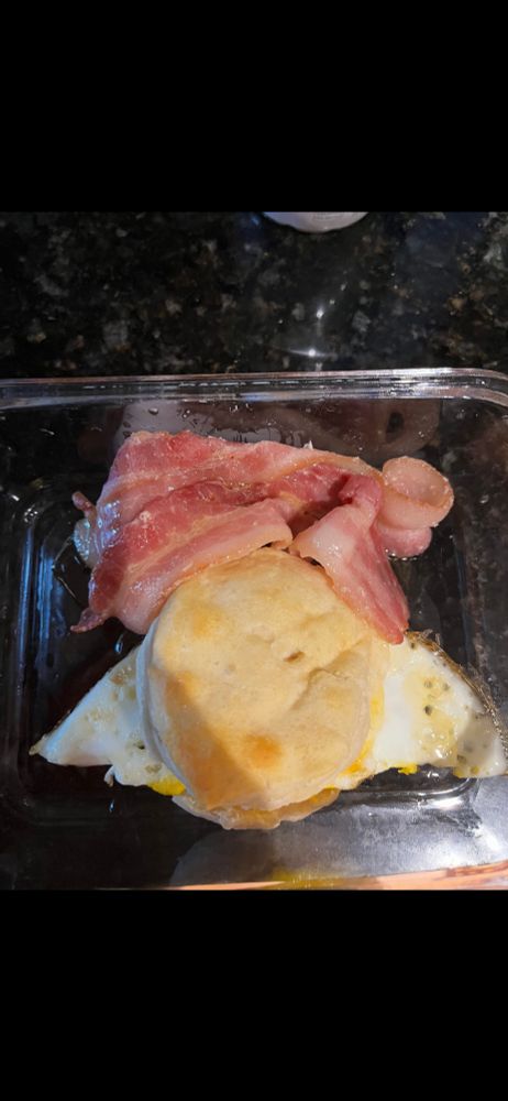 Bacon and egg biscuit. The bacon is on the stringy side.