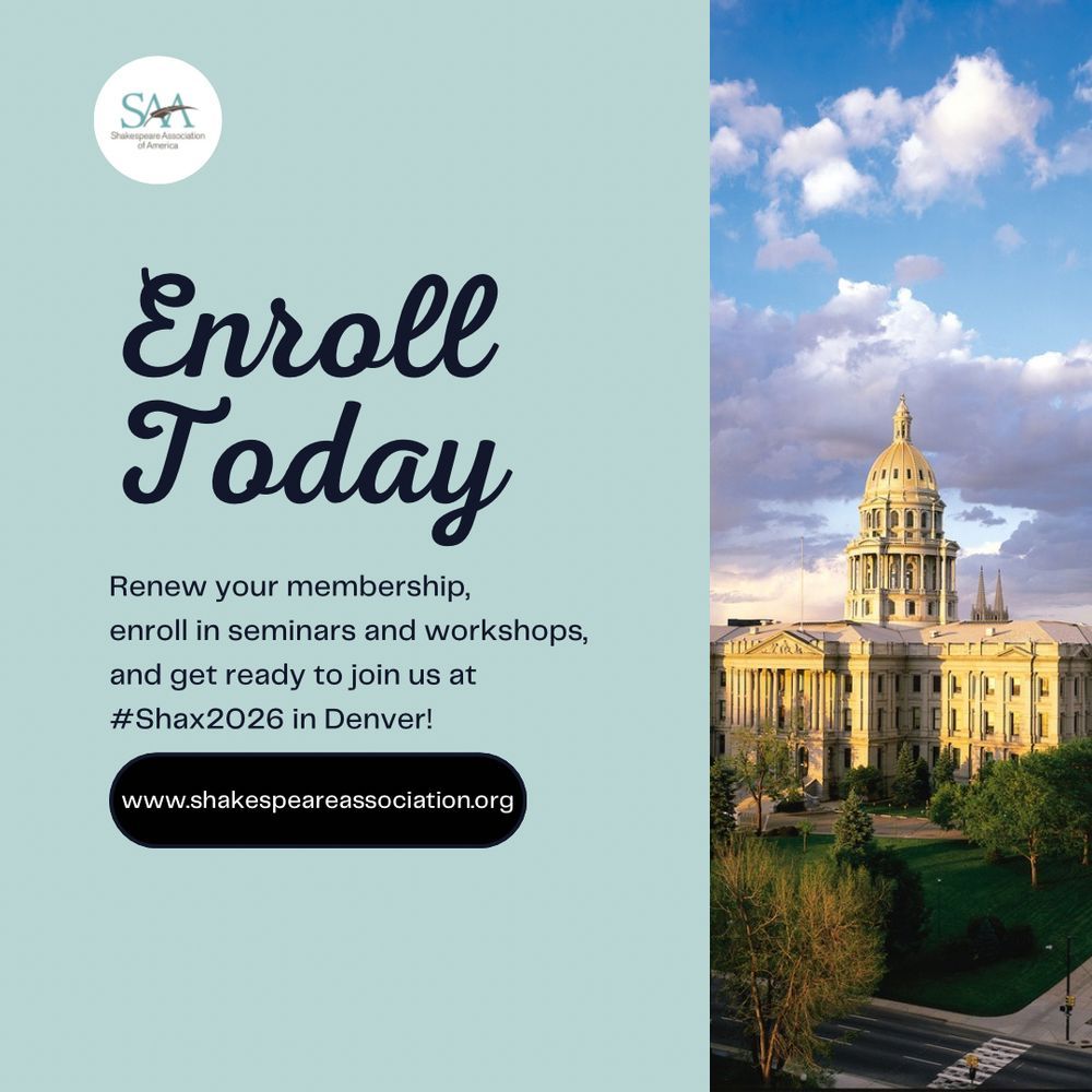 Image of the Colorado state capitol building lit up by the sun, next to a solid light blue banner that reads "enroll today. Renew your membership, enroll in seminars and workshops, and get ready to join us at hashtag shax 2026 in Denver!" The SAA logo and website are also listed. End ID.