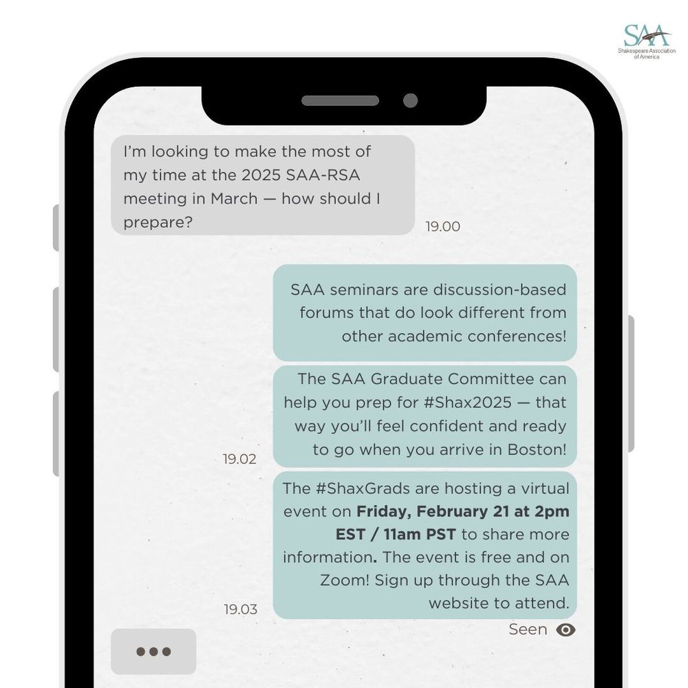 Image of a smart phone screen with a text conversation visible. The first text asks about making the most of the 2025 Annual Meeting, while the responding texts share information about the S A A Graduate Committee’s upcoming symposium on February 21, 2025. Those interested in attending should sign up on the S A A website.