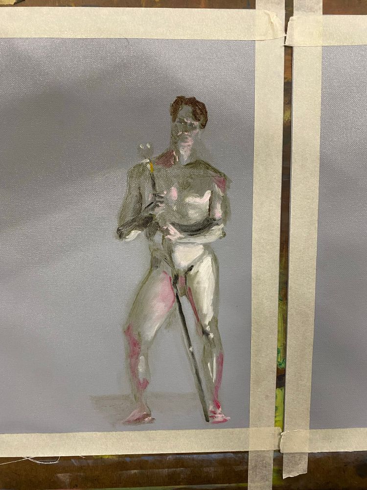 An oil sketch of a man standing, hands on a pole that he is using to steady himself for the pose