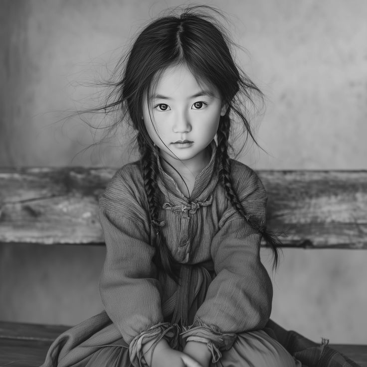 photo noir et blanc d'une jeune enfant avec des tresses 