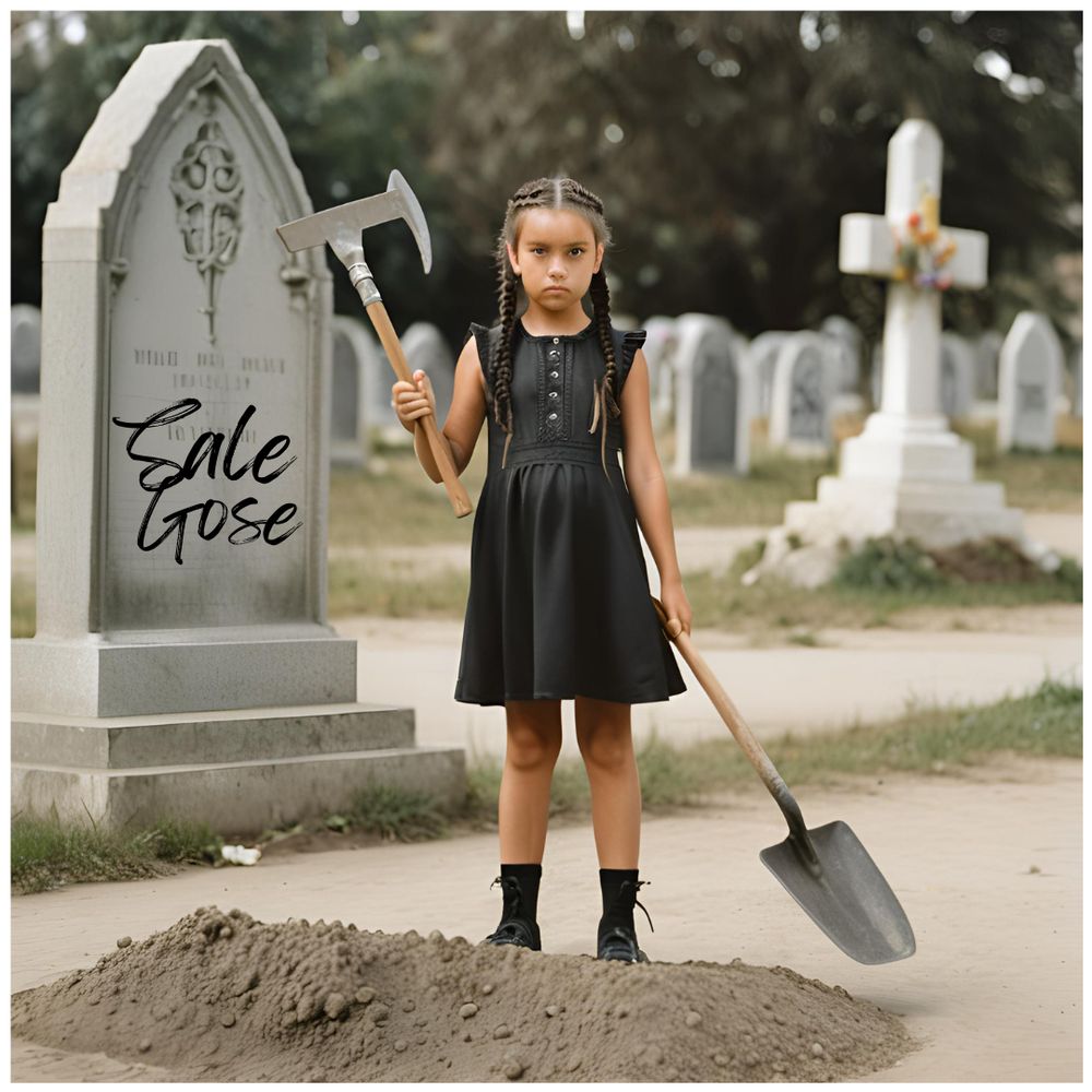 une petite fille avec une pelle et une hache dans la mains , dans le style mercredi addams