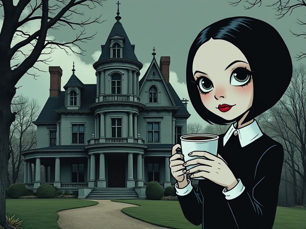 mercredi prends son café devant sa maison en dessin 