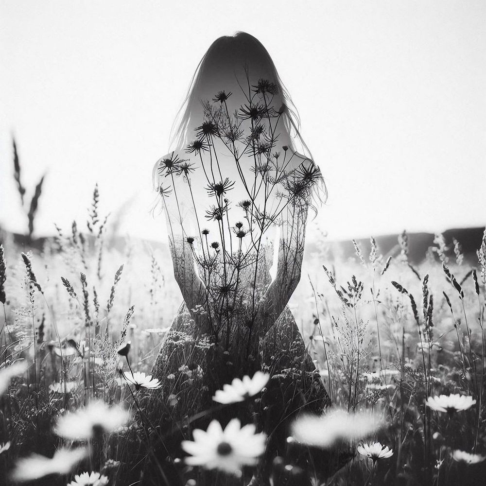 une silhouette de femme dans un champ de fleurs et des fleurs en surimpression sur son corps