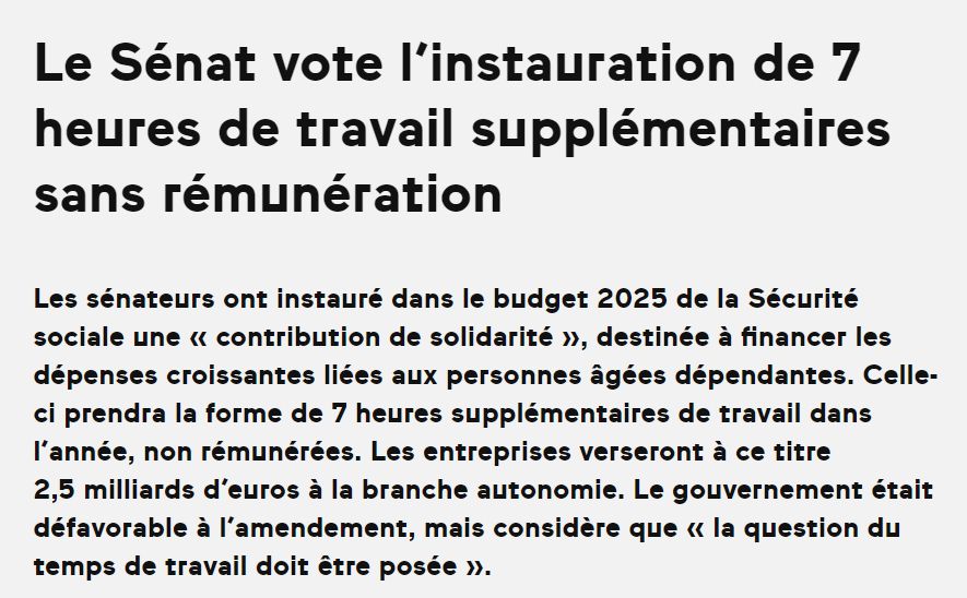 un article qui explique que les sénateurs ont voter une contribution de solidarité qui prévoit 7 heures de travail par ans pour les salariés non payer 