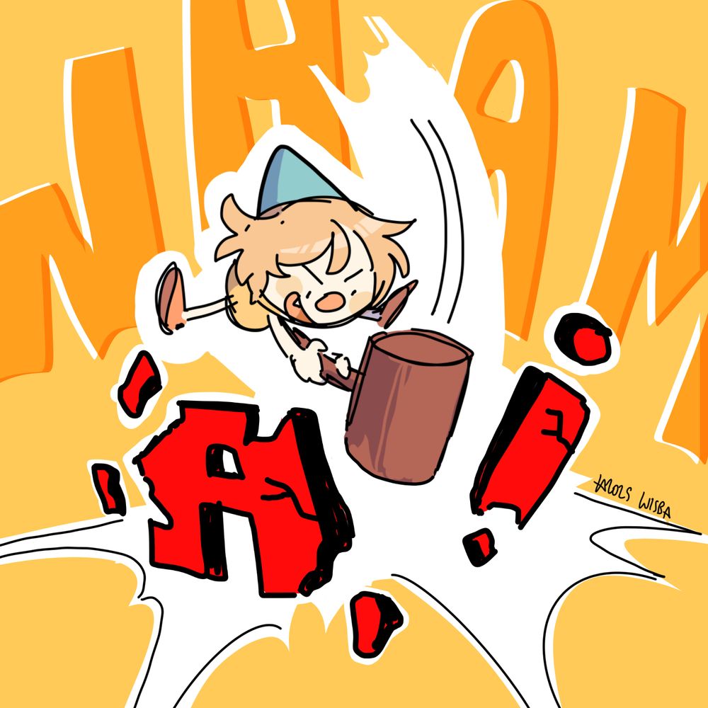 An image of a clown girl on a yellow background smashing the letters AI with a big hammer. 