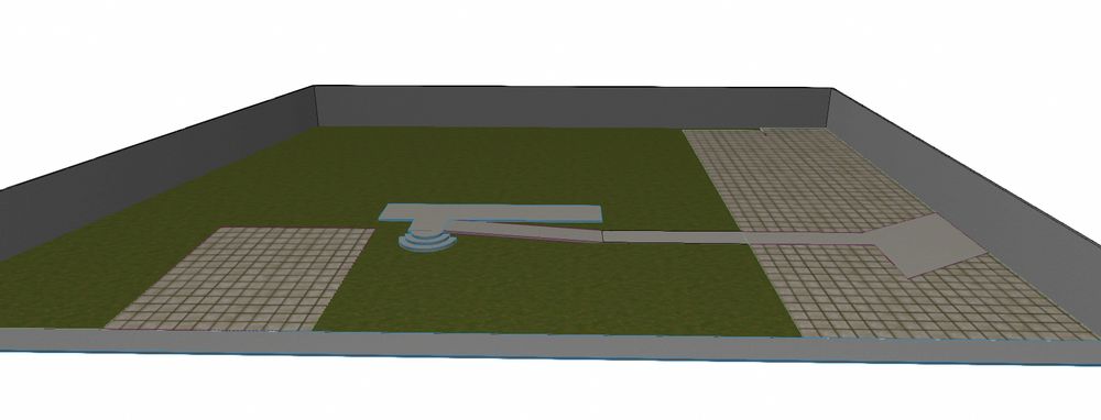 a barren 3d ground with grass texture, with some square pavement in some parts and a path that leads to the side of a stair, both go to what seems like a platform