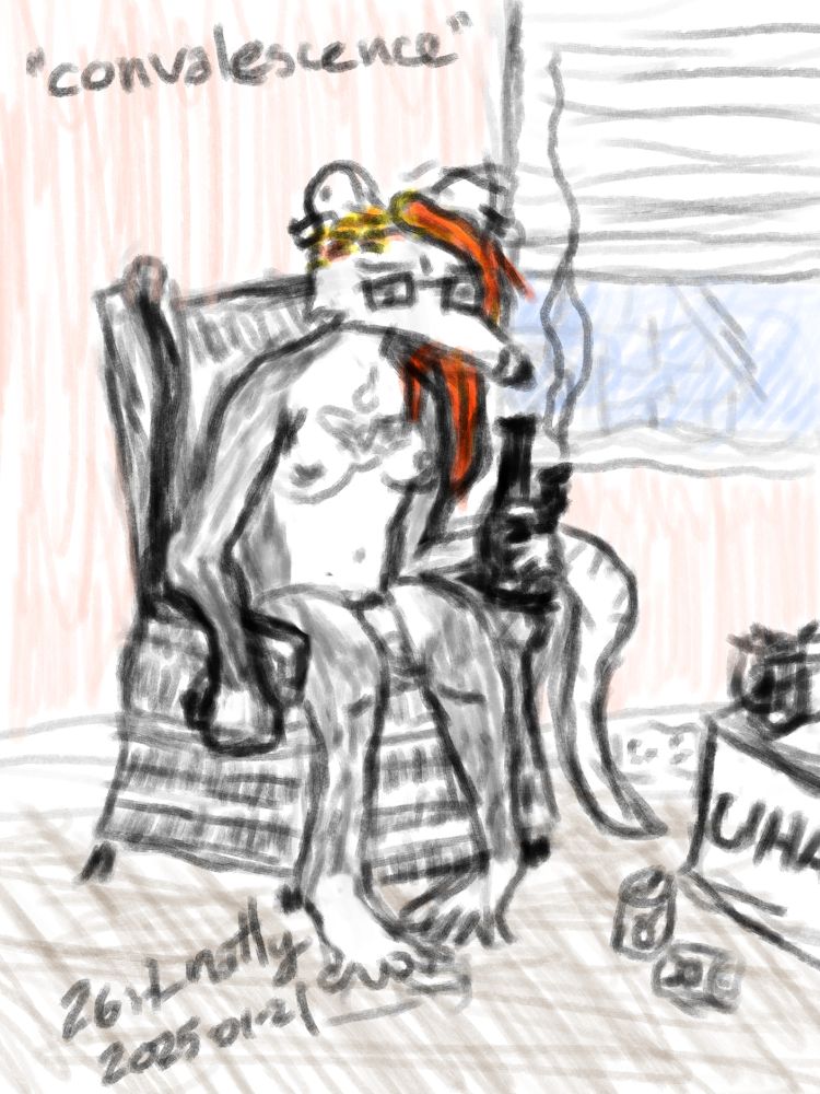 "convalescence" by 2bit_natty, Jan 21 2025
a nude transfemme possum sits in a chair, holding a bong in one hand - her brow is furrowed and troubled. her feet are turned inward and clutch at the floor anxiously. near her is a uhaul box being used as a table and several empty beer cans - behind her is a window that seems to show the cold world outside.