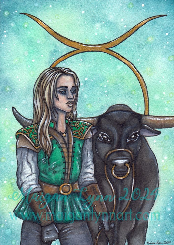 A blond taurus man walking beside his bull, dressed in green, with a gold taurus symbol in the background behind them.