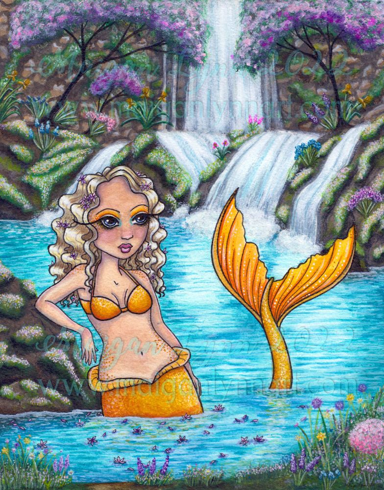 A golden mermaid lounging in a waterfall pool surrounded by floating flowers