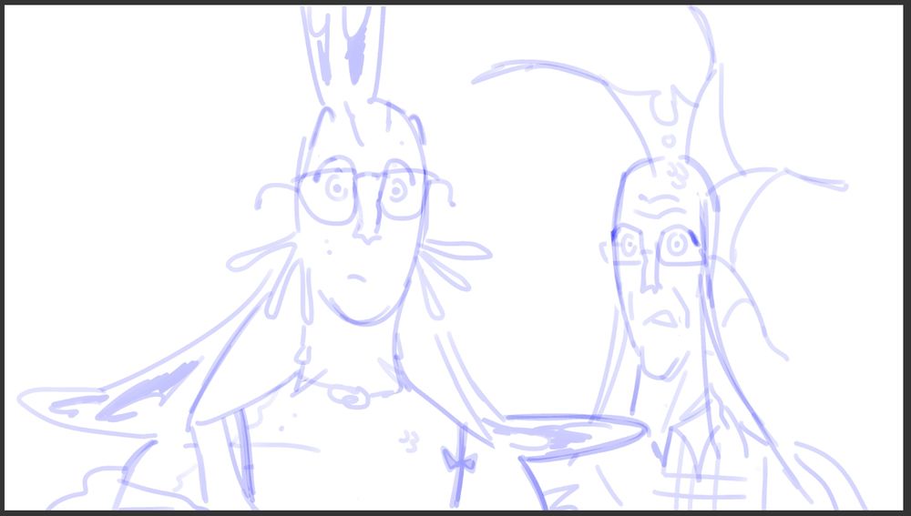 Mona and her dad, marty (two fish people, OCs). Staring at the camera and everything 