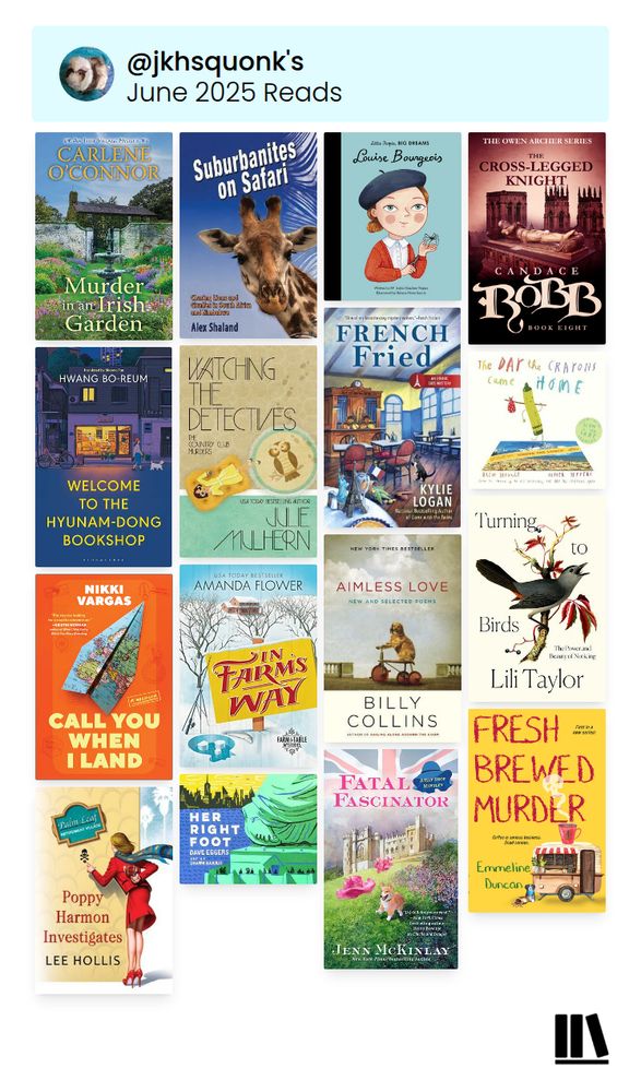 Collage of 16 book covers, with cosy mysteries, a poetry book and a couple nonfiction with animals on the cover. 