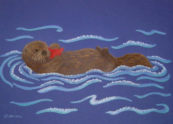A drawing of a sea otter floating on their back  & holding a red starfish. The water is royal blue paper and there are stylized waves and foam swirling around. 