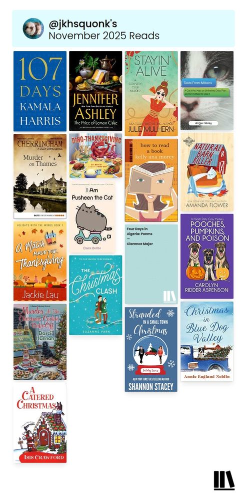 A cover collage of the 17 books I read in November, which includes many holiday novels set at Thanksgiving and Christmas, some cozy mysteries and 2 funny books about cats.