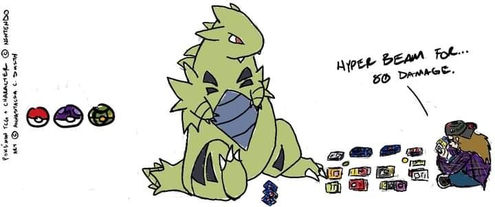 A cutely drawn Tyranitar playing the Pokemon TCG with a person with long brown hair, a purple flannel shirt, glasses and a backwards cap. They are playing while sitting on the floor and their cards are spread between them in a friendly game, the person is hunched over their hand and says "Hyper Beam for... 80 damage" to Tyranitar. There are 3 poke balls to the left, a plain pokeball, a master ball, and a nest ball.