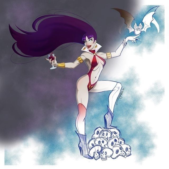 Image of Vampirella in her usual red swimsuit, with purple flowing hair. Holding a glass of what looks like "red wine" in one hand and a bat perching on the index finger of her other hand.
Her left foot is resting on a pile of skulls .