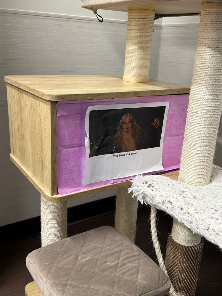 A cat tree with an image of Gandalf from Lord of the Rings that says “You shall not pass”