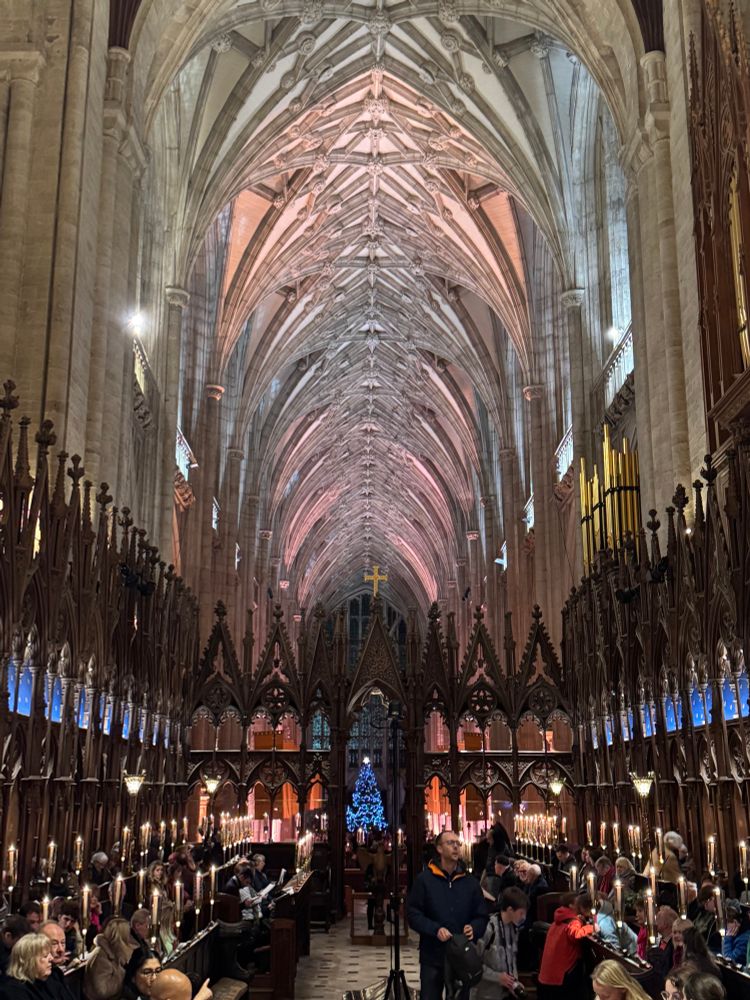 The inside of Winchester cathedral looking from the choir. high vaulted ceiling. choir is ornate wood lit by candles. you can see through to the christmas tree at the far end of the nave