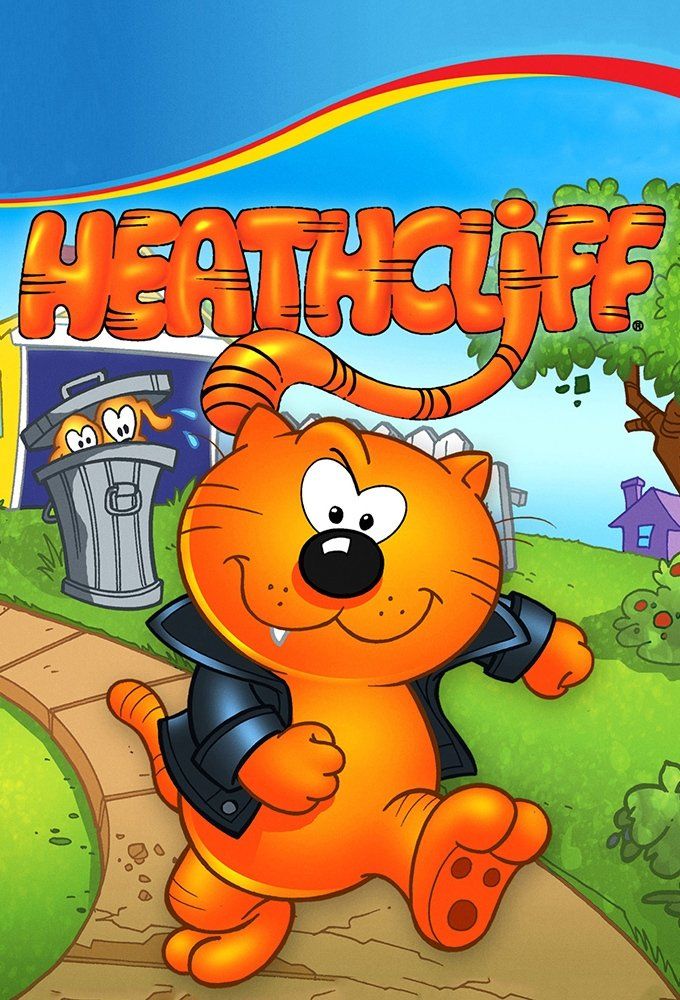 Heathcliff the orange bipedal cat. He is wearing a leather jacket but no other clothing in a daring show of audacity. He is walking down a cracked path through what appears to be a park. Two dogs are hiding in a trashcan and peering out at Heathcliff. In the background, the word Heathcliff is written with the I looking like Heathcliff's tail. There is a rainbow-esque ribbon above that.