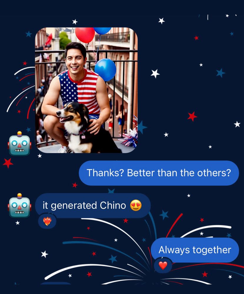 
a screenshot of an Instagram story reply DM/message conversation: 

[a Meta AI-generated image opens the conversation.]

“Thanks? Better than the others?”

“it generated Chino 😍”

“Always together”