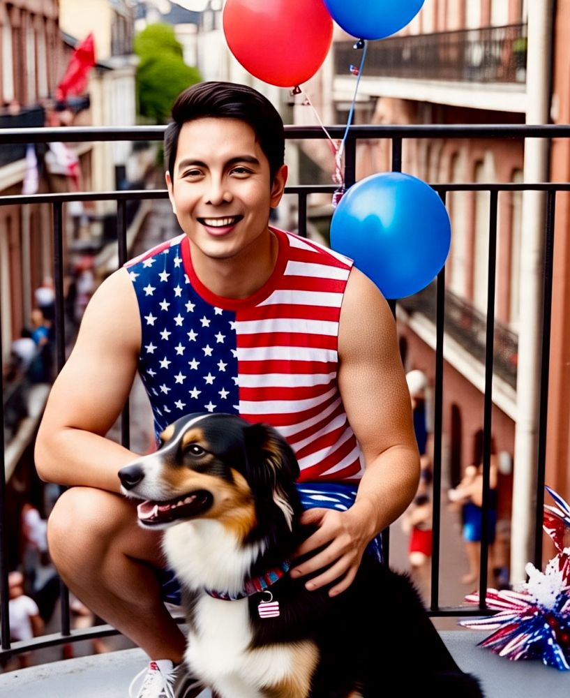 a Meta AI-generated pic. the prompt was “generate Andrew Marin and Chino Marin, a beautiful black Australian Shepherd dog celebrating July with fireworks. Any clothing should be red, white and blue!”