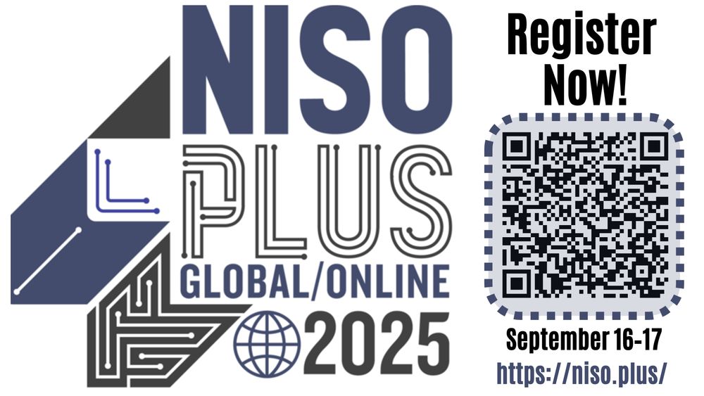 NISO Plus Global/Online 2025 logo with globe. Register now with QR code. September 16–17. https://niso.plus/