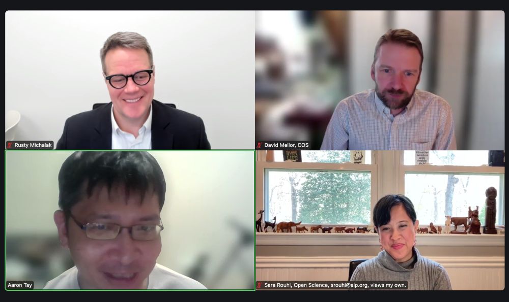 Screen capture of a Zoom call with images of four speakers: Rusty Michalak, David Mellor, COS, Aaron Tay, and Sara Rouhi