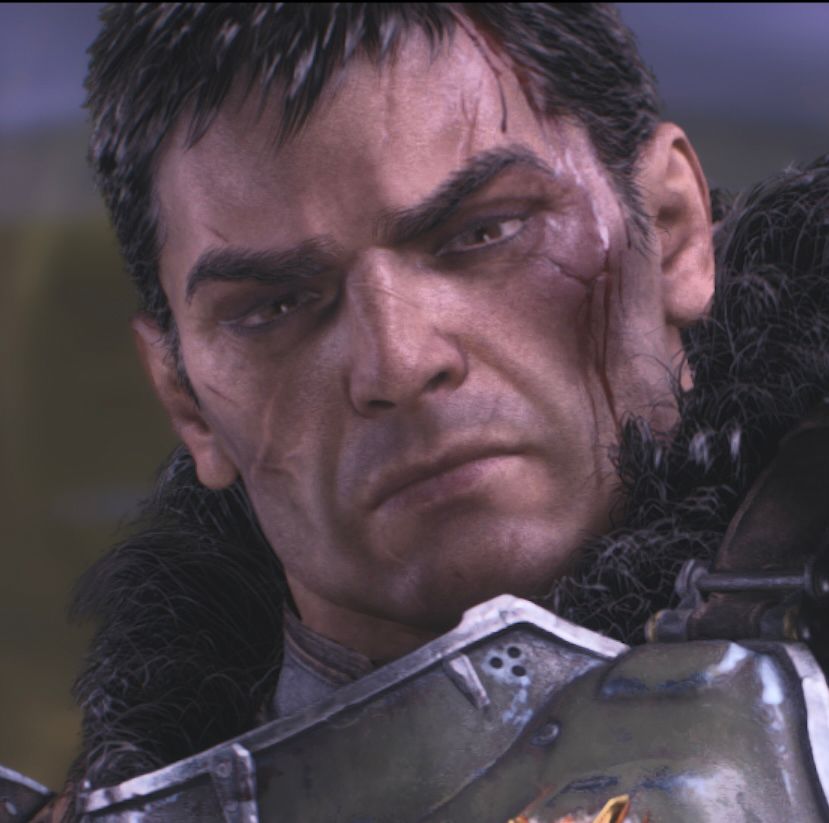 A picture of Doomguy / the Slayer, looking down with furrowed brows.