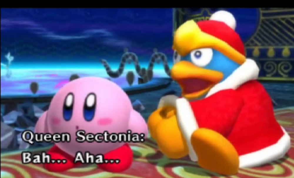 Kirby and King Dedede celebrating Queen Sectonia's defeat... but she's far from done