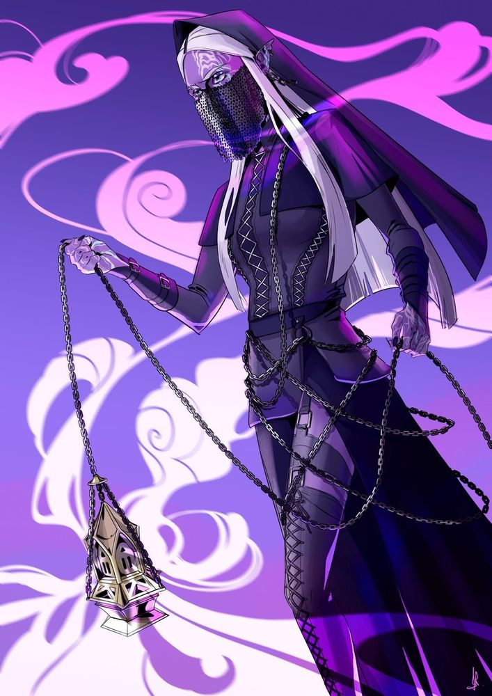 Fan Art of Vaelus (Critical Role) : female drow wearing all black garments such as a high slitted dress, a hair veil. She has a chainmail mask and wield a censer as a whip