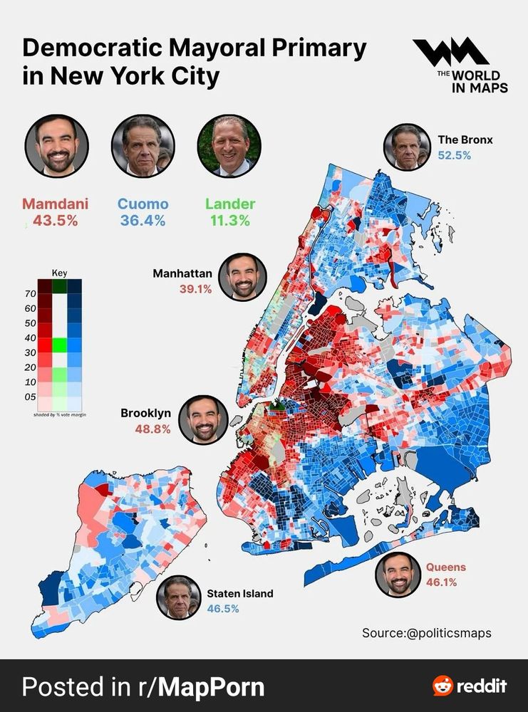 Map of the democratic mayoral primary in NYC, showing the upper East side going heavily to Andrew Cuomo, a well known asshole. 