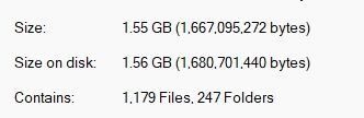 A screenshot of the properties of a folder showing 1179 files and 247 folders