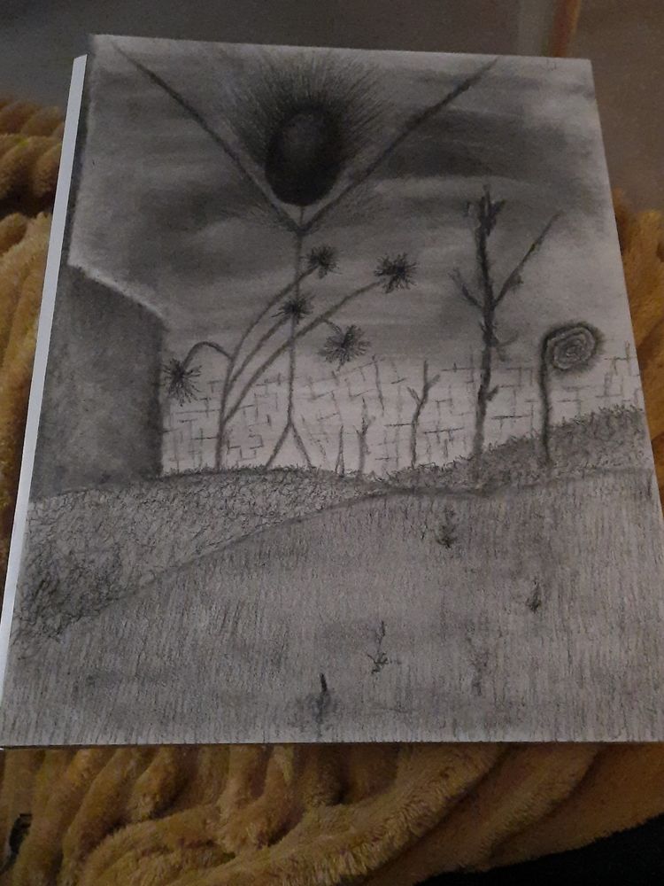 Charcoal sketch on a pad, with stick man drawing with arms in the air, amidst baron fields with dried trees
