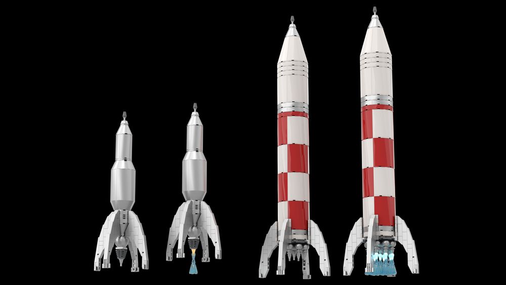 Two designs of rockets. The left is all silver with curves like something out of a 1940s pulp scifi cover. The right is much larger, with a red-white checkerboard pattern on the propellant tank and a cluster of 9 engines instead of one.
The engines are a spherical section with a conical aerospike underneath.